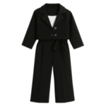 Coat Long Sleeve Top Pants Three Piece (Black)