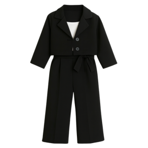 Coat Long Sleeve Top Pants Three Piece (Black)