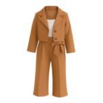 Coat Long Sleeve Top Pants Three Piece Black (Camel Brown)