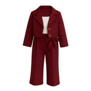 Coat Long Sleeve Top Pants Three Piece (Deep Maroon)