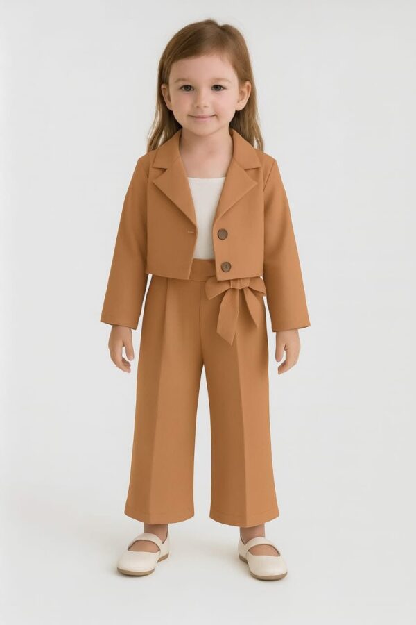 Coat Long Sleeve Top Pants Three Piece Black (Camel Brown)
