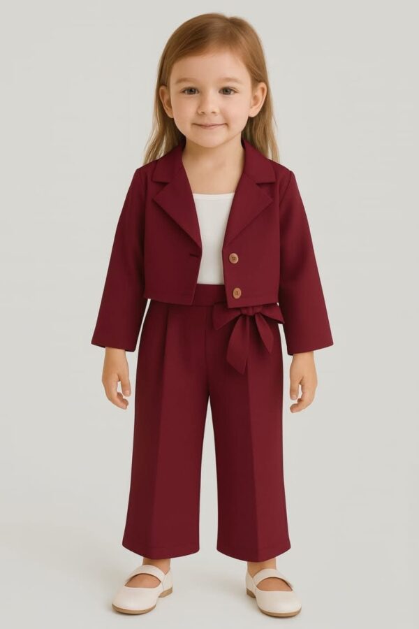 Coat Long Sleeve Top Pants Three Piece (Deep Maroon)